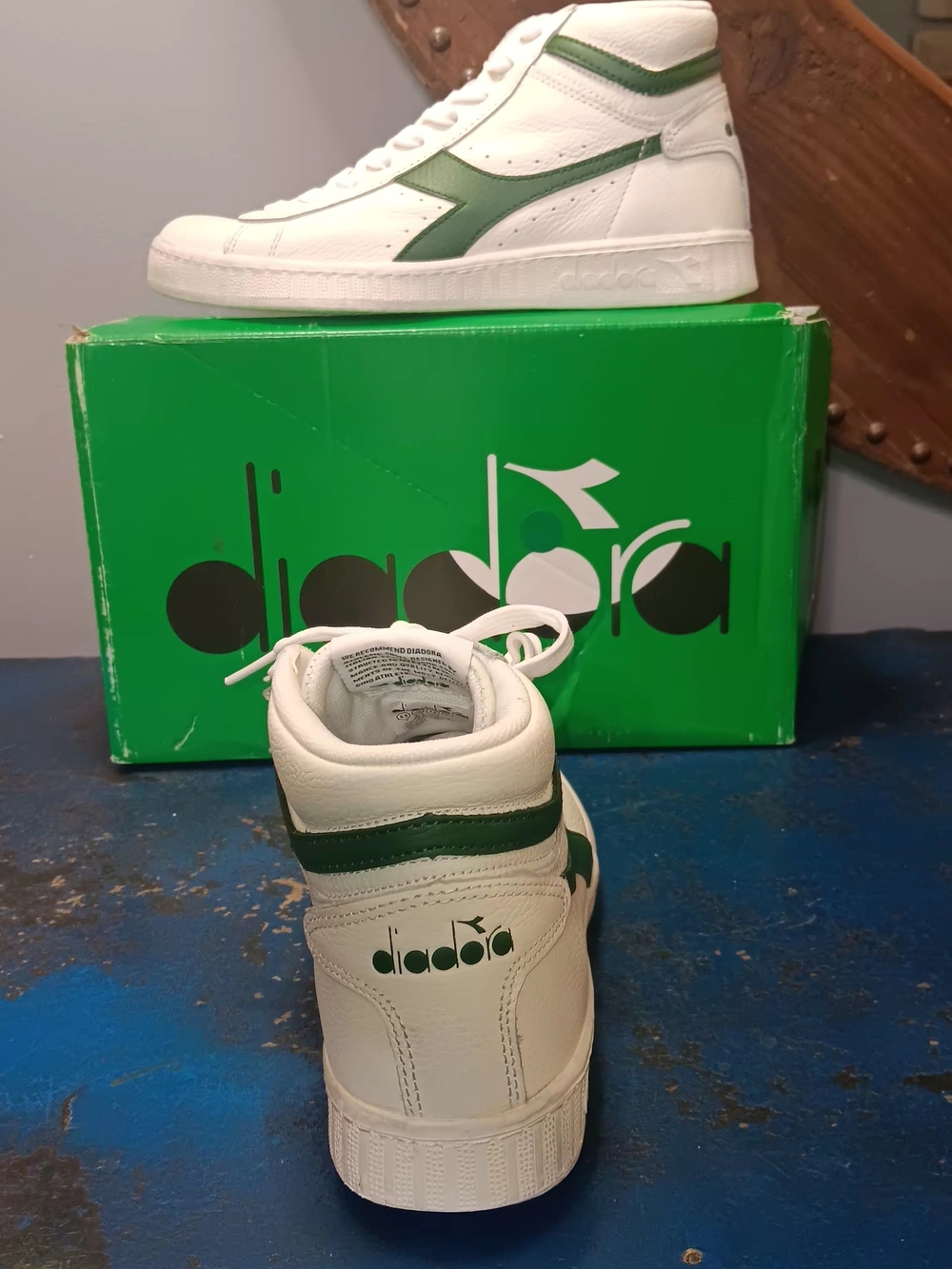 Diadora White Leather High-Top Sneakers with Green Accents - Picture 4 of 6